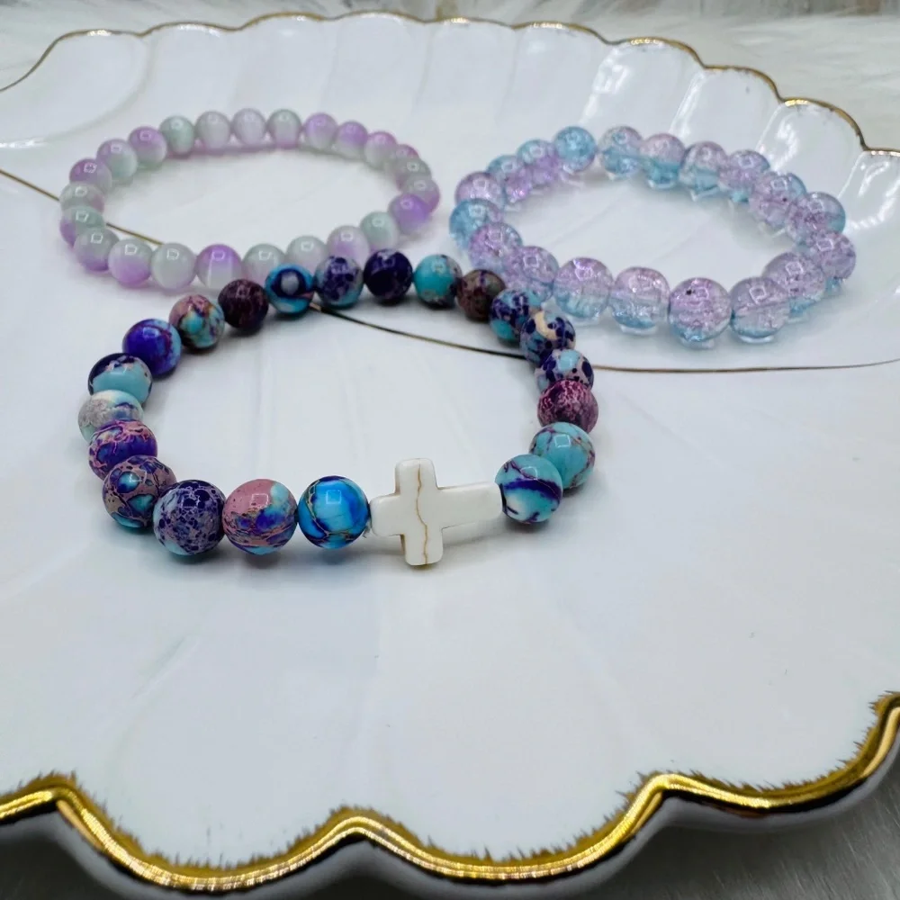 Colorful Beaded Bracelets Set with Cross Charm